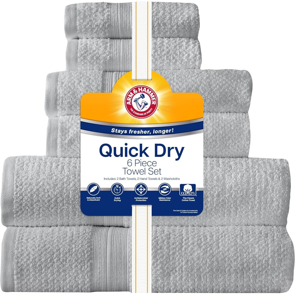 image:imageArm amp Hammer Quick Dry Bath Towel Set 6 Piece GreyLight Grey
