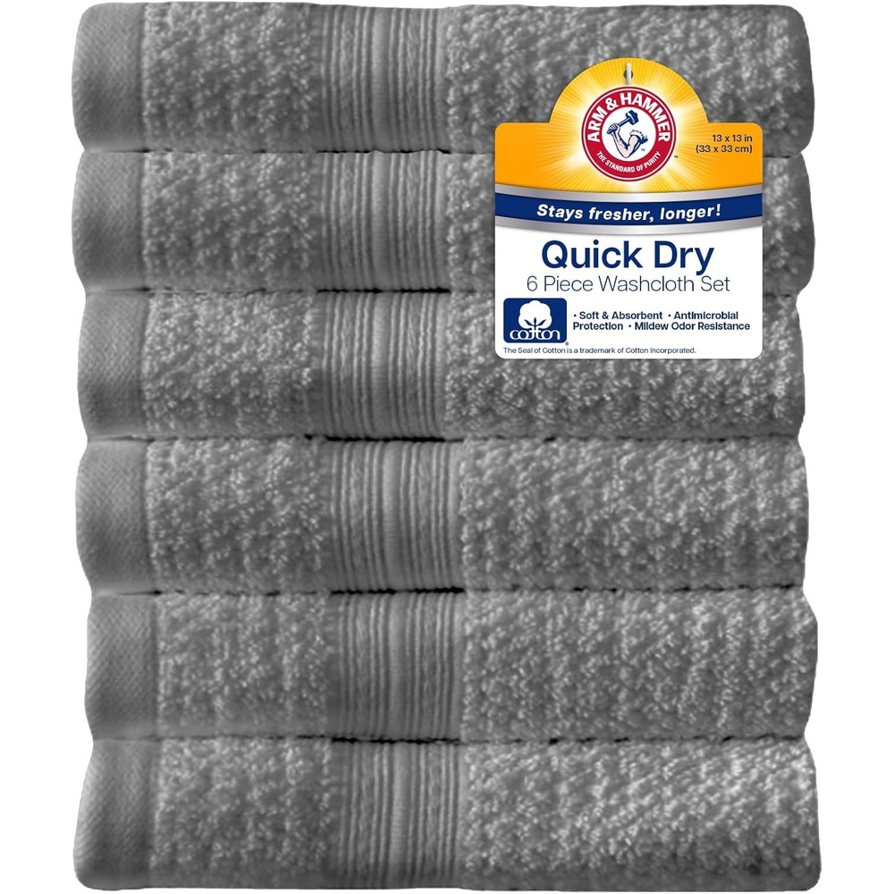 image:imageArm amp Hammer Quick Dry Washcloth Set 6 Piece Light BlueGrey