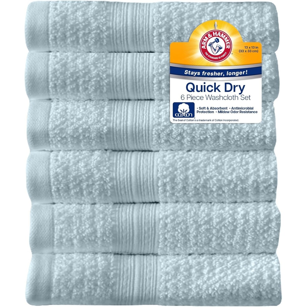 image:imageArm amp Hammer Quick Dry Washcloth Set 6 Piece Light BlueLight Blue