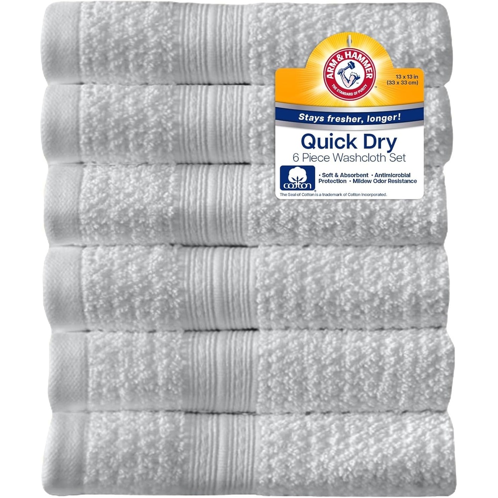 image:imageArm amp Hammer Quick Dry Washcloth Set 6 Piece Light BlueLight Grey