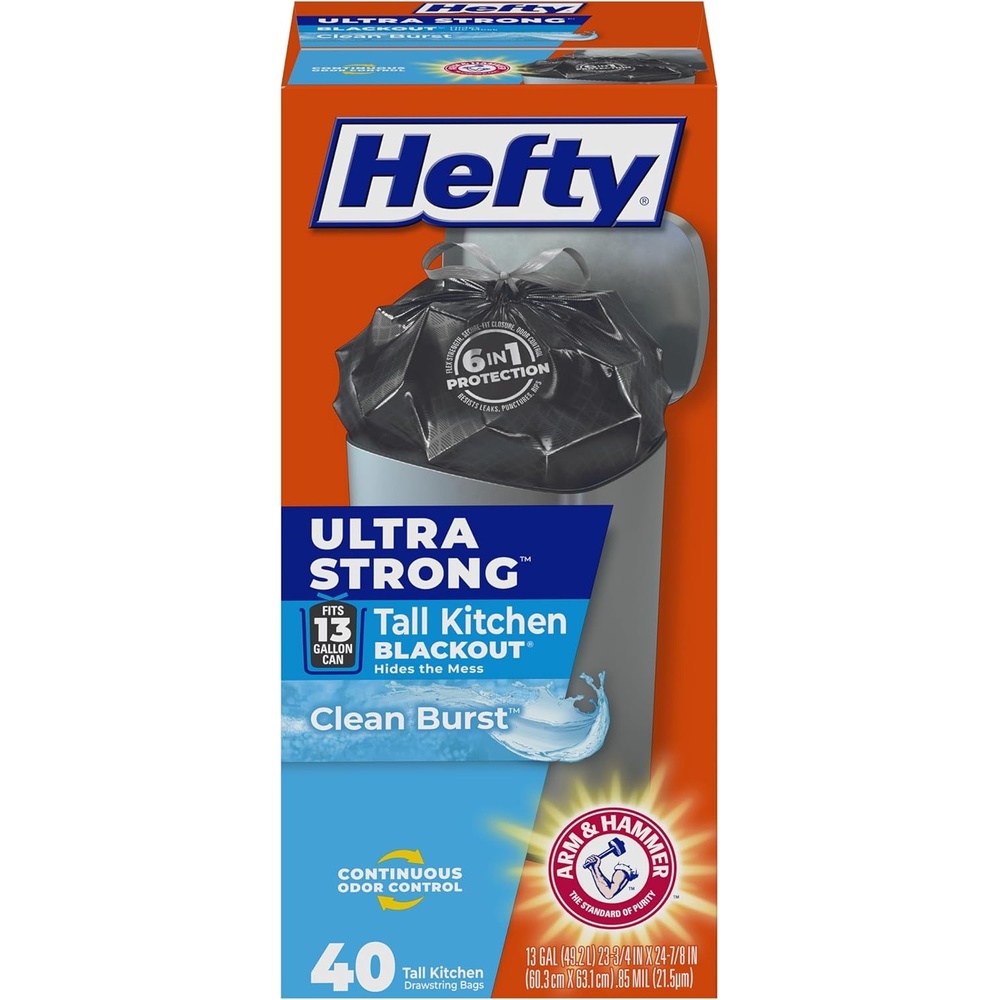 image:imageHefty Ultra Strong 13 Gallon Trash Bags Black Tall Kitchen Trash Bags 13 Gallon Size Break Resistant Drawstring Enclosure Continuous Odor Control Blackout Clean Burst Scent 80 BagsClean Burst