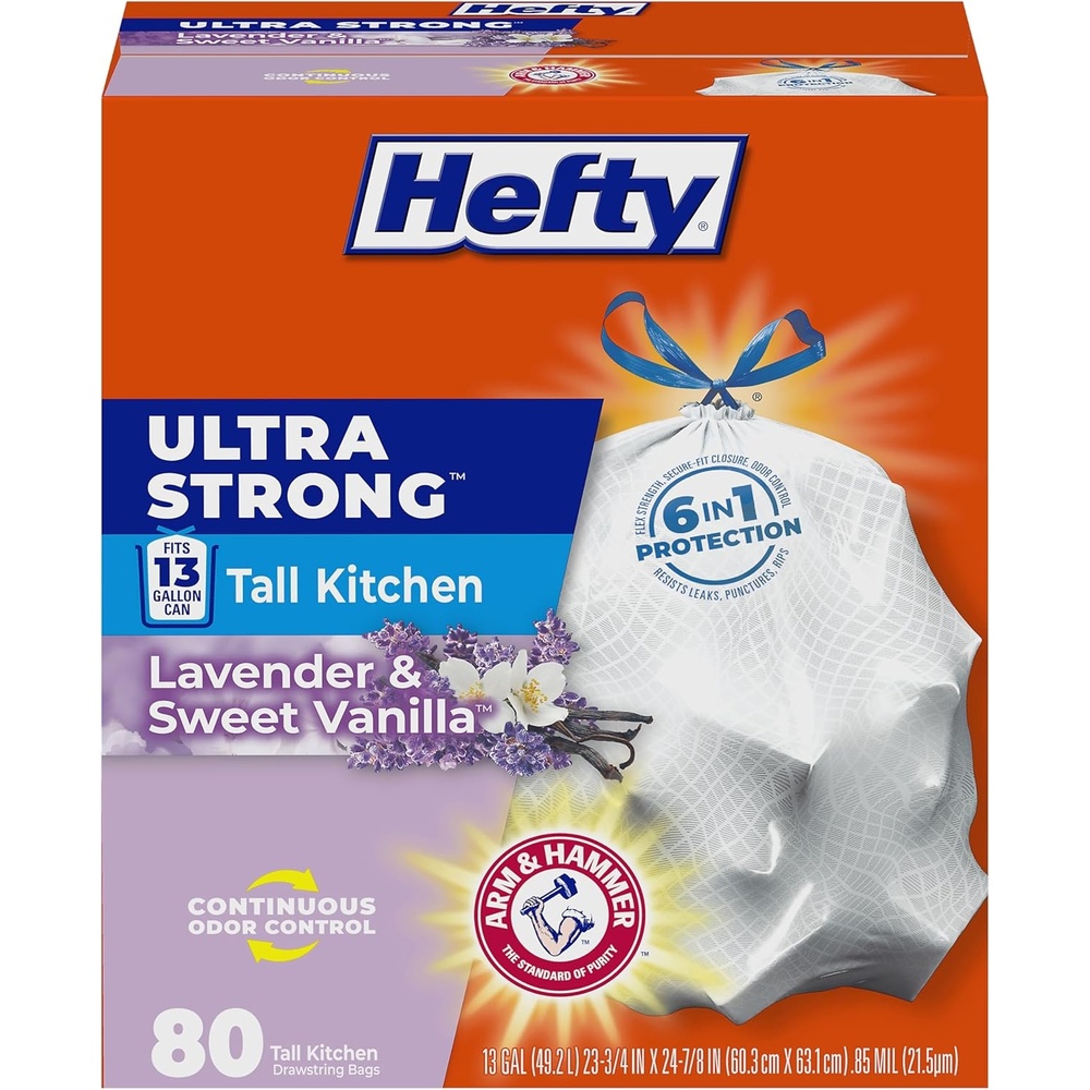 image:imageHefty Ultra Strong 13 Gallon Trash Bags Tall Kitchen Drawstring Closure Odor Control White Lavender Sweet Vanilla 80 Count80 Count Pack of 1