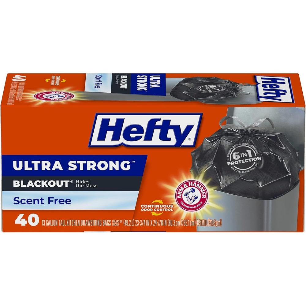image:imageHefty Ultra Strong 13 Gallon Trash Bags Tall Kitchen Trash Bags 13 Gallon Size Drawstring Closure Continuous Odor Control White Unscented 110 Bags40 Count Pack of 6