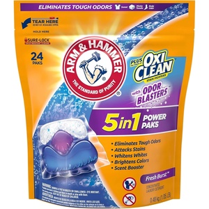 image:imageArm amp Hammer Plus OxiClean With Odor Blasters Laundry Detergent 5IN1 Power Paks 42CT Packaging may varyFresh Burst