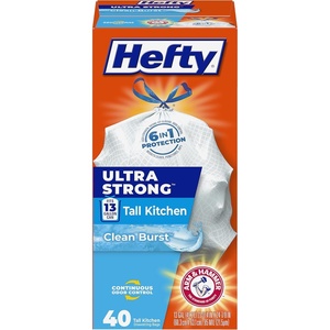 image:imageHefty Ultra Strong 13 Gallon Trash Bags Tall Kitchen Trash Bags 13 Gallon Size Drawstring Closure Continuous Odor Control White Clean Burst Scent 80 BagsClean Burst