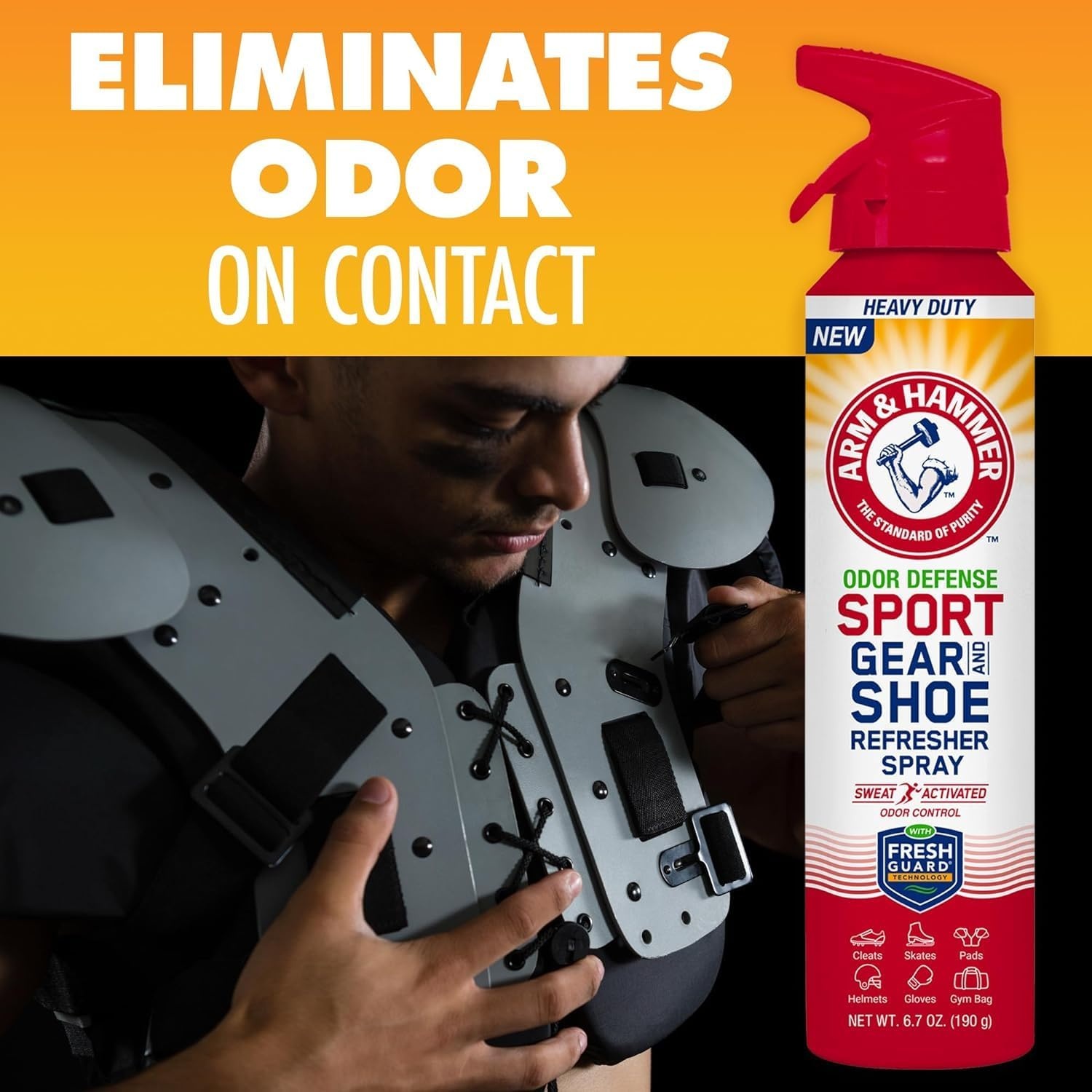 image:imageArm amp Hammer Sport Gear amp Shoe Refresher Spray Heavy Duty Odor Defense for Sports Gear and Footwear Deodorizer for Gym Bags Boxing Gloves Hockey Equipment and Football Pads 67 oz67 Ounce Pack of 3