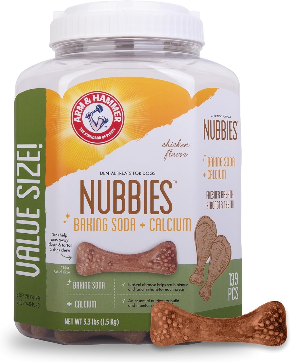 image:imageArm amp Hammer for Pets Nubbies Dental Treats Value Size Baking Soda amp Calcium Dog Dental Chews Helps Scrub Plaque amp Tartar While Chewing Chicken Flavor 139 Count 528 OzChicken
