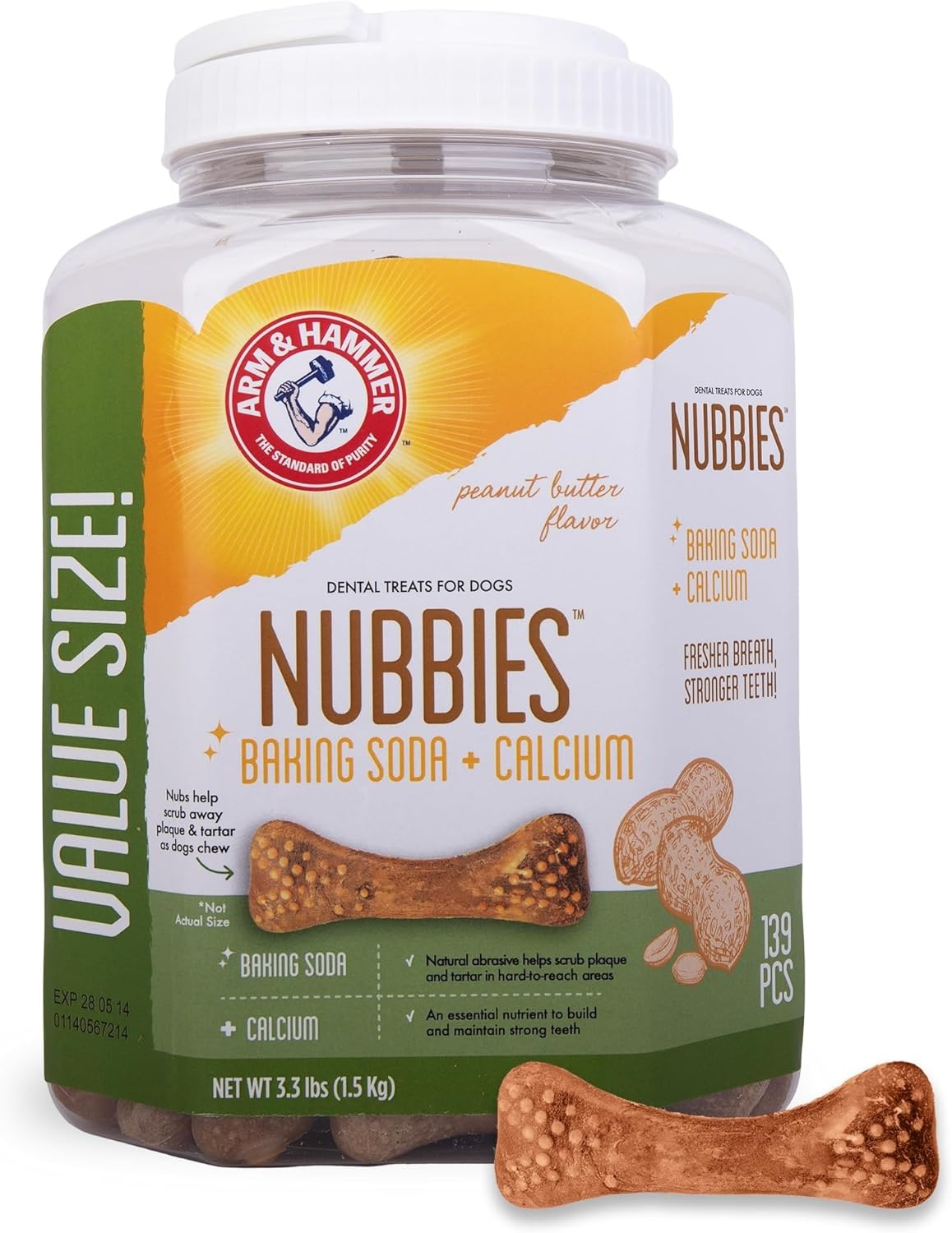 image:imageArm amp Hammer for Pets Nubbies Dental Treats Value Size Baking Soda amp Calcium Dog Dental Chews Helps Scrub Plaque amp Tartar While Chewing Chicken Flavor 139 Count 528 OzPeanut Butter