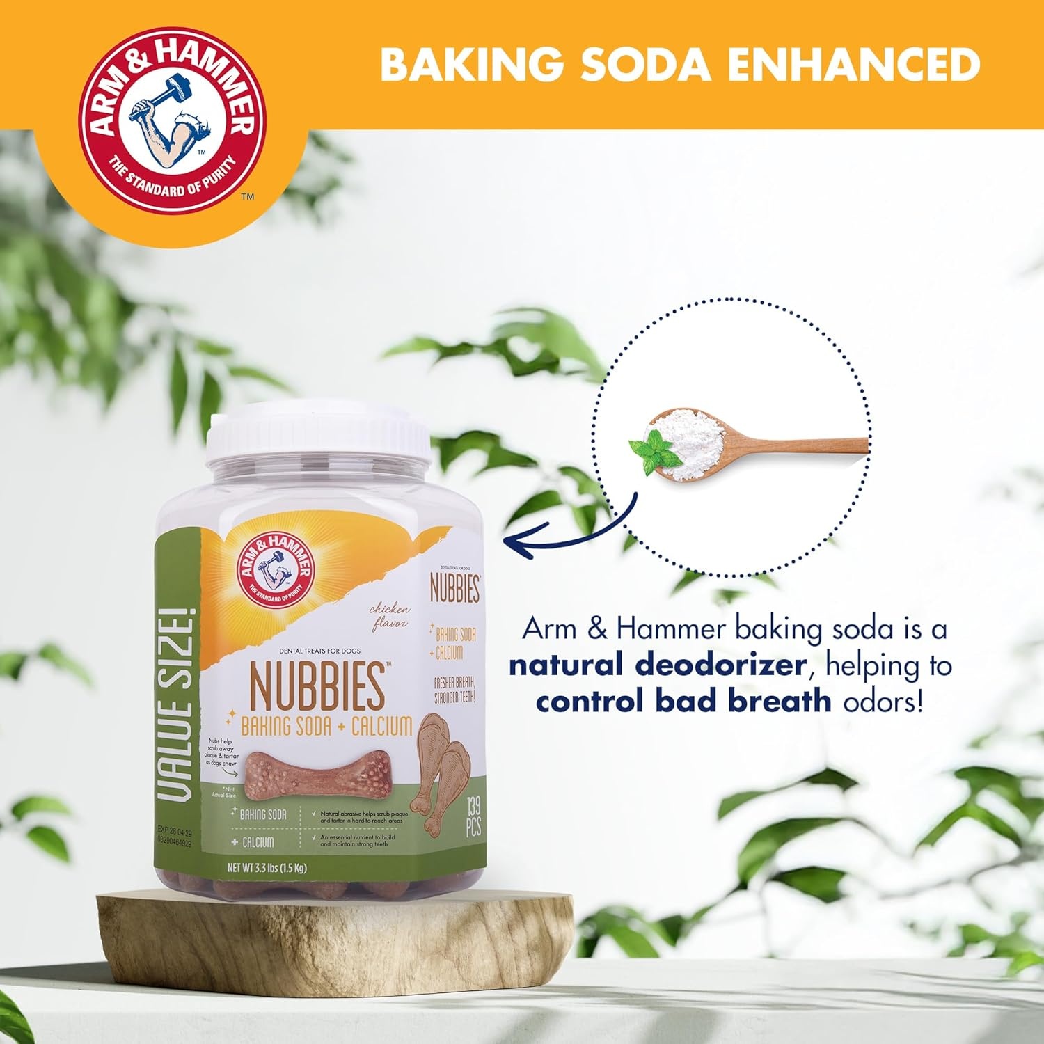 image:imageArm amp Hammer for Pets Nubbies Dental Treats Value Size Baking Soda amp Calcium Dog Dental Chews Helps Scrub Plaque amp Tartar While Chewing Chicken Flavor 139 Count 528 OzChicken