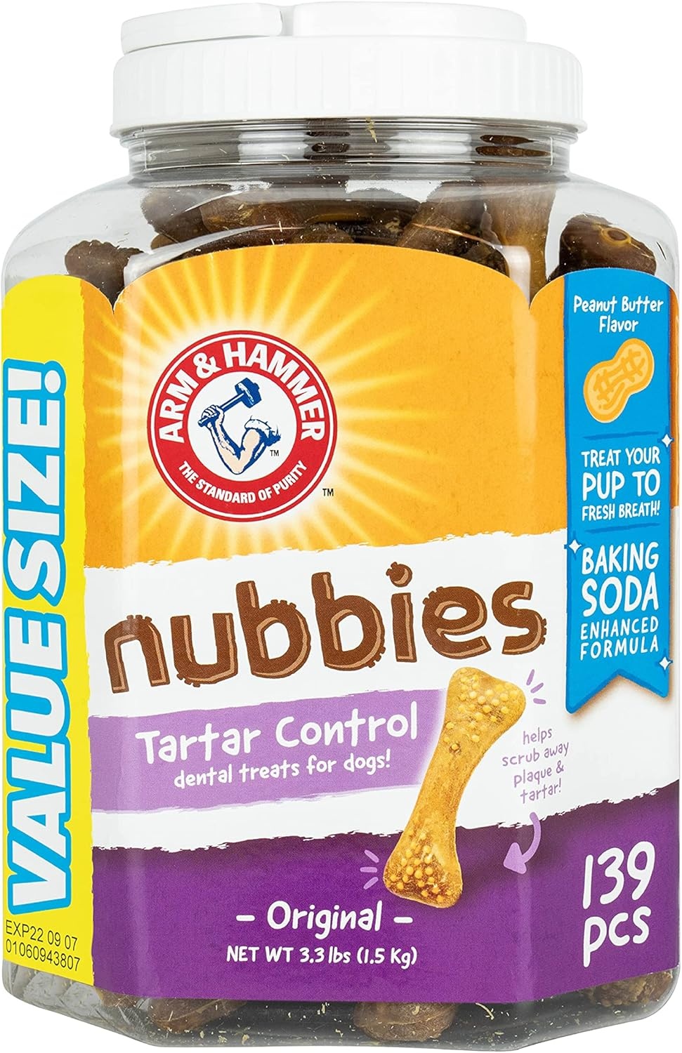 image:imageArm amp Hammer for Pets Nubbies Dental Treats Value Size Baking Soda amp Calcium Dog Dental Chews Helps Scrub Plaque amp Tartar While Chewing Chicken Flavor 139 Count 528 OzPeanut Butter