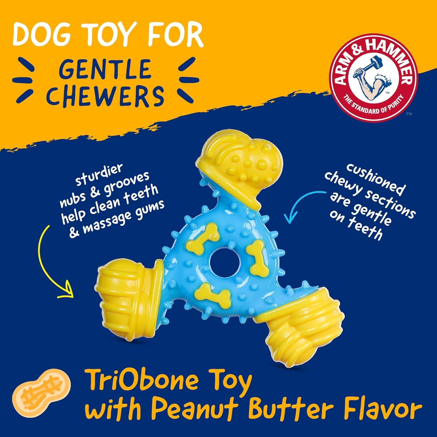 image:imageArm amp Hammer for Pets Nubbies Duality Bone Dog Dental Chew Toy Green Apple Flavor Baking Soda Infused Nubby Grooves Plaque Tartar Reduction No Stuffing 24 PackBlue Yellow TriOBone