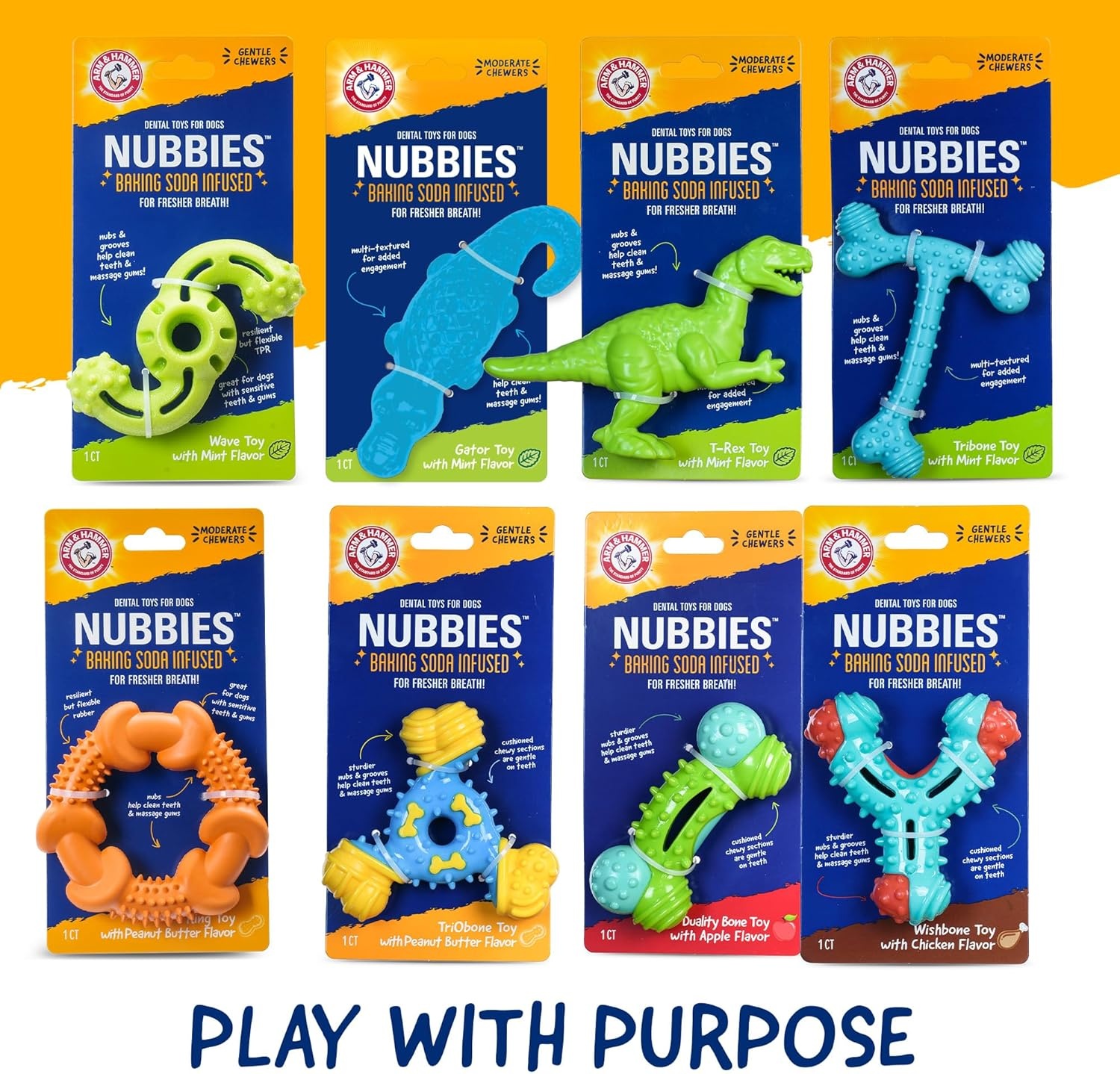 image:imageArm amp Hammer for Pets Nubbies Duality Bone Dog Dental Chew Toy Green Apple Flavor Baking Soda Infused Nubby Grooves Plaque Tartar Reduction No Stuffing 24 PackBlue Yellow TriOBone