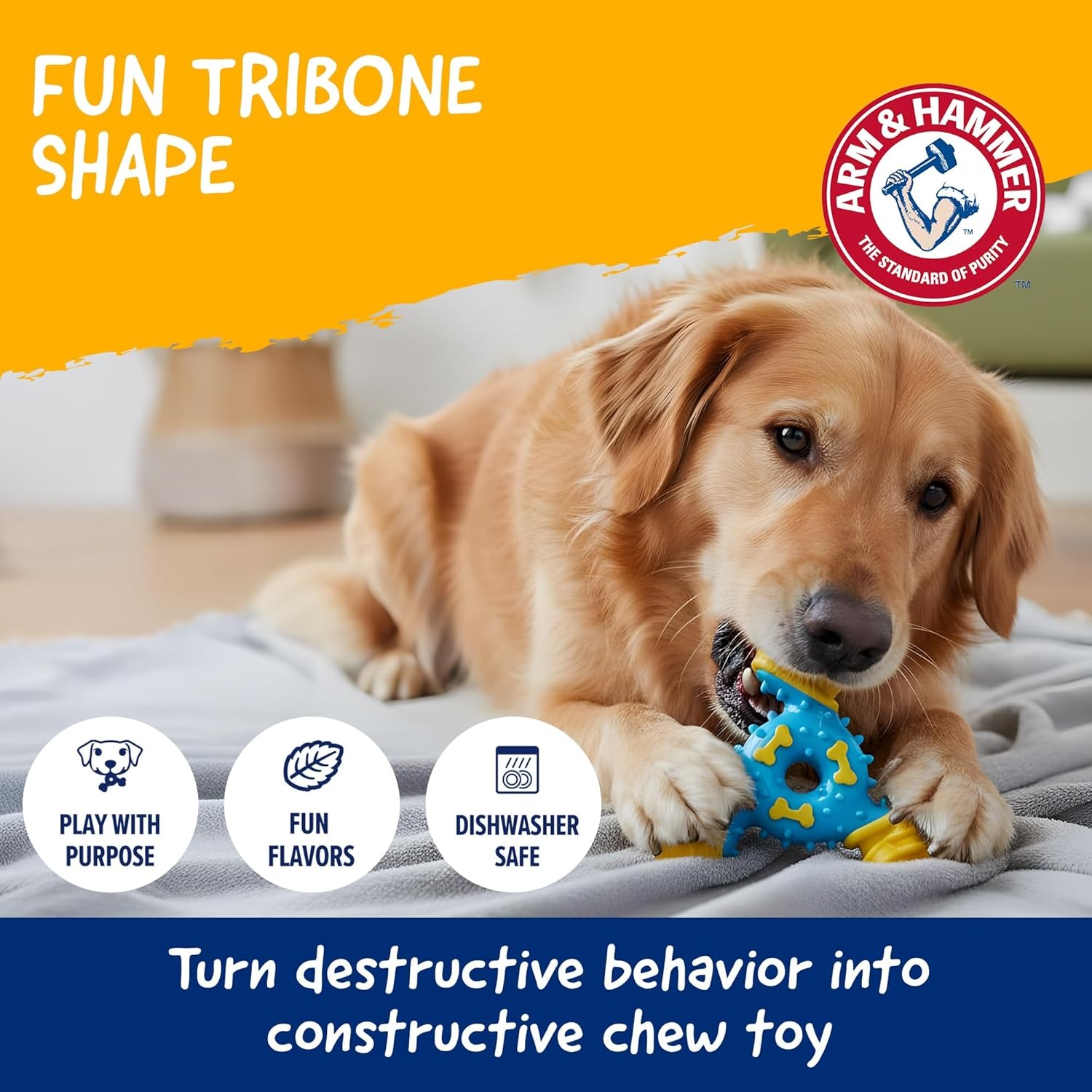image:imageArm amp Hammer for Pets Nubbies Duality Bone Dog Dental Chew Toy Green Apple Flavor Baking Soda Infused Nubby Grooves Plaque Tartar Reduction No Stuffing 24 PackBlue Yellow TriOBone