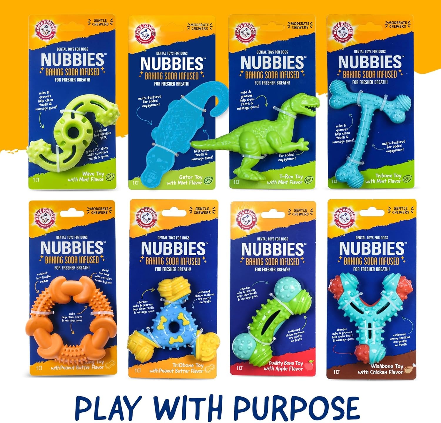 image:imageArm amp Hammer for Pets Nubbies Duality Bone Dog Dental Chew Toy Green Apple Flavor Baking Soda Infused Nubby Grooves Plaque Tartar Reduction No Stuffing 24 PackBlue Green Duality Bone