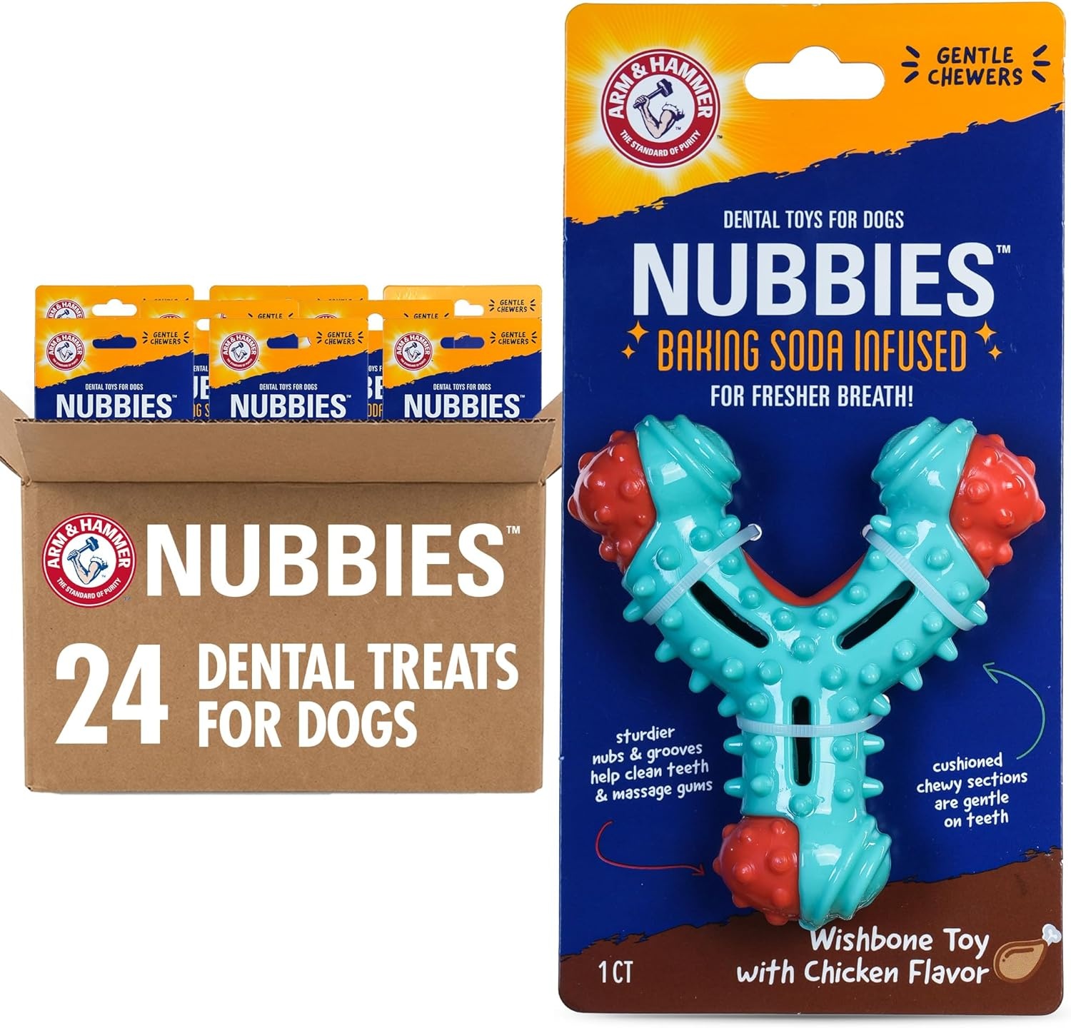 image:imageArm amp Hammer for Pets Nubbies Duality Bone Dog Dental Chew Toy Green Apple Flavor Baking Soda Infused Nubby Grooves Plaque Tartar Reduction No Stuffing 24 PackBlue Red Wishbone