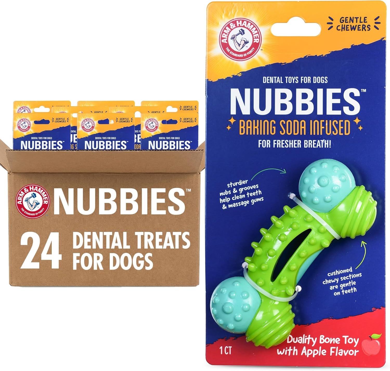 image:imageArm amp Hammer for Pets Nubbies Duality Bone Dog Dental Chew Toy Green Apple Flavor Baking Soda Infused Nubby Grooves Plaque Tartar Reduction No Stuffing 24 PackBlue Green Duality Bone