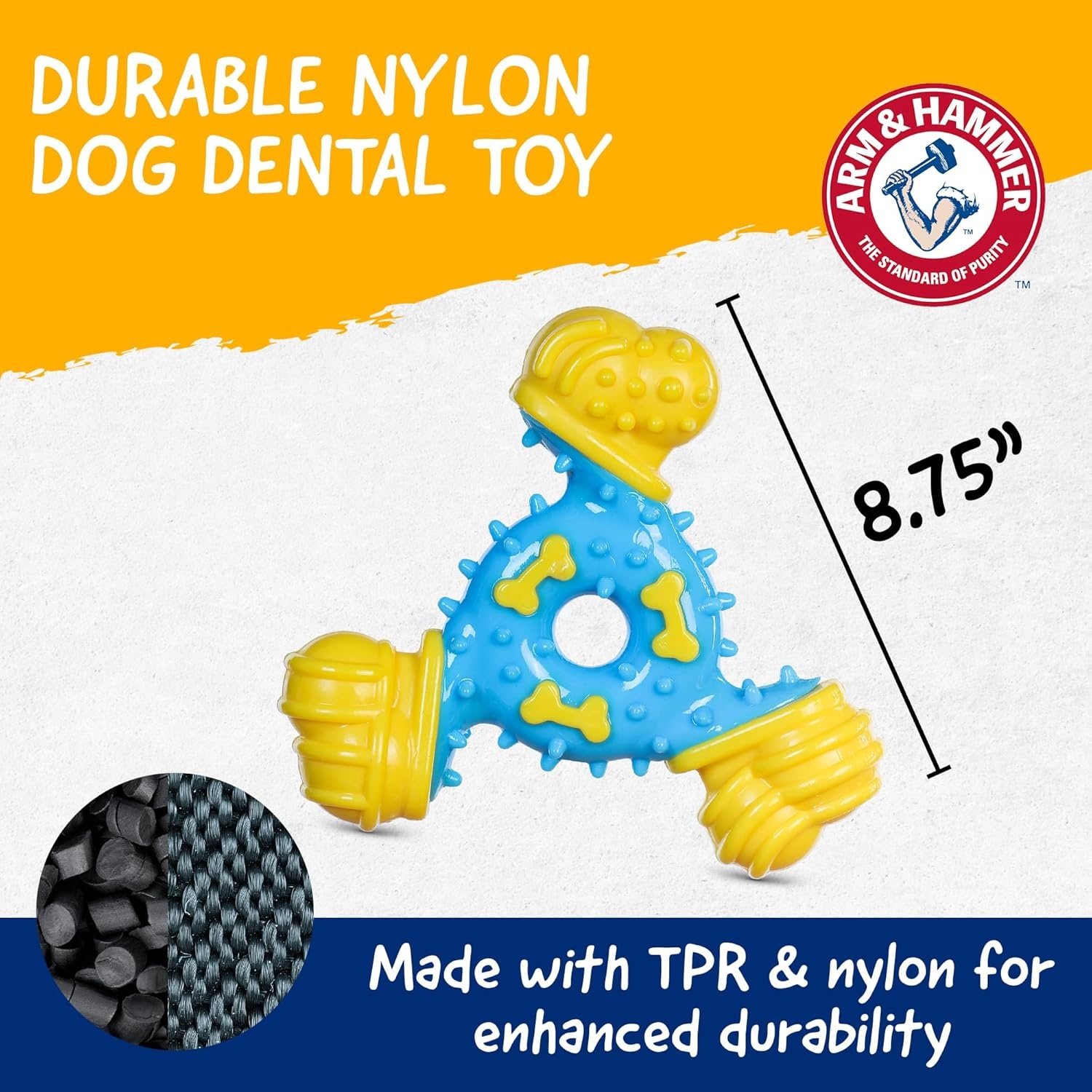 image:imageArm amp Hammer for Pets Nubbies Duality Bone Dog Dental Chew Toy Green Apple Flavor Baking Soda Infused Nubby Grooves Plaque Tartar Reduction No Stuffing 24 PackBlue Yellow TriOBone