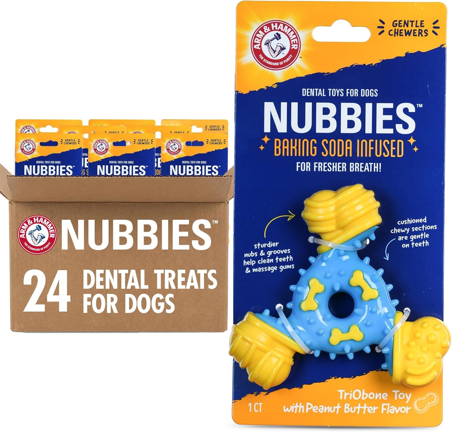 image:imageArm amp Hammer for Pets Nubbies Duality Bone Dog Dental Chew Toy Green Apple Flavor Baking Soda Infused Nubby Grooves Plaque Tartar Reduction No Stuffing 24 PackBlue Yellow TriOBone