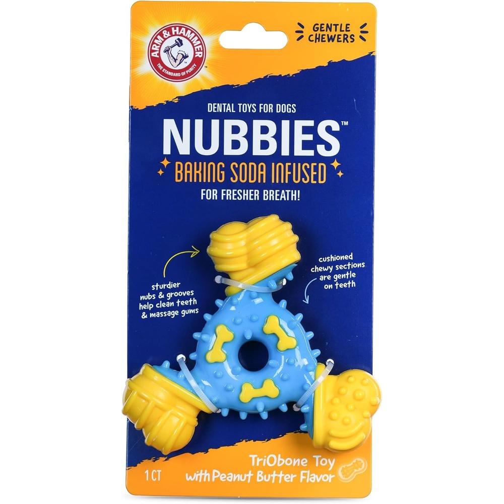 image:imageArm amp Hammer for Pets Nubbies Duality Bone Dog Dental Chew Toy Green Apple Flavor Baking Soda Infused Nubby Grooves Plaque Tartar Reduction No Stuffing 24 PackBlue Yellow TriOBone